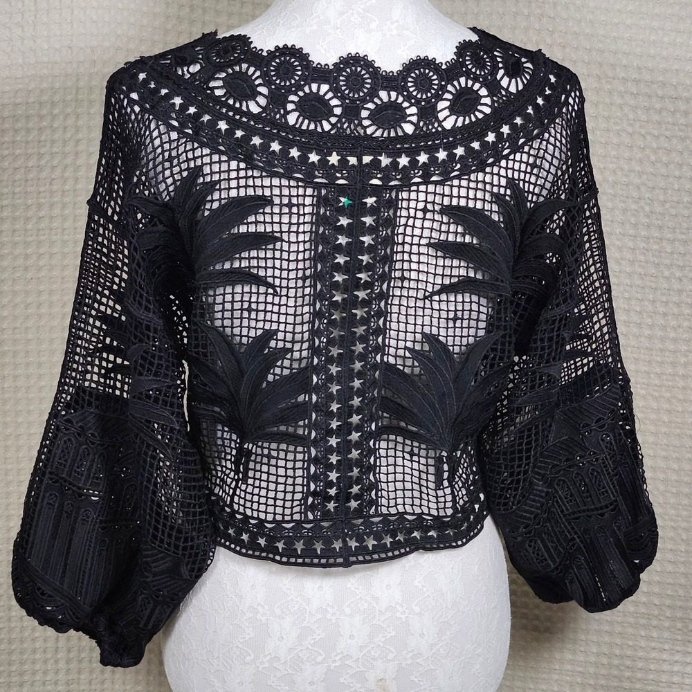 Farm Rio Black Crochet Lace Palm Tree & Architectural Detail Crop Top‎ Size S - Picture 4 of 7